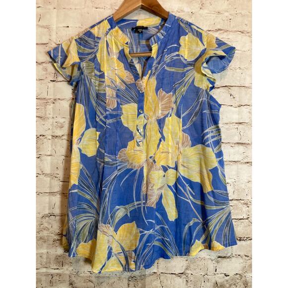 Cocomo Popover Top Womens Medium Cobalt & Yellow Tropical Floral Flutter Sleeve - Picture 1 of 12